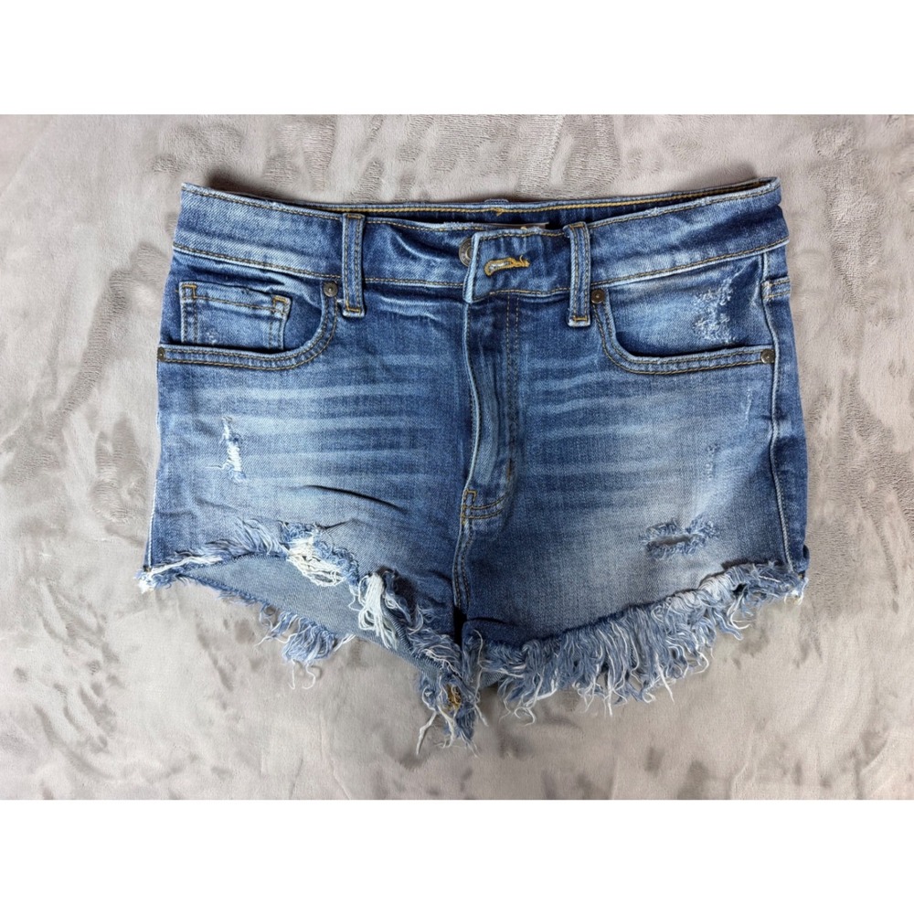Eunina Lulu High Rise Cut Off Shortie Denim Shorts Blue Distressed Frayed Size S
